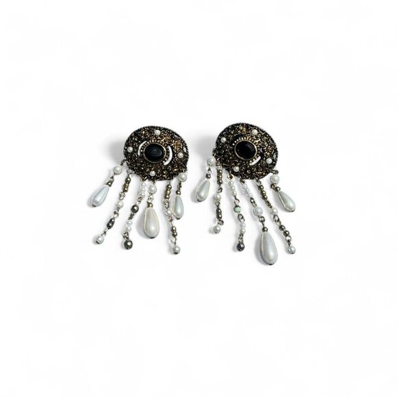 Vintage Black and Pearl Drop Dangle Pierced Earrings - Picture 1 of 2